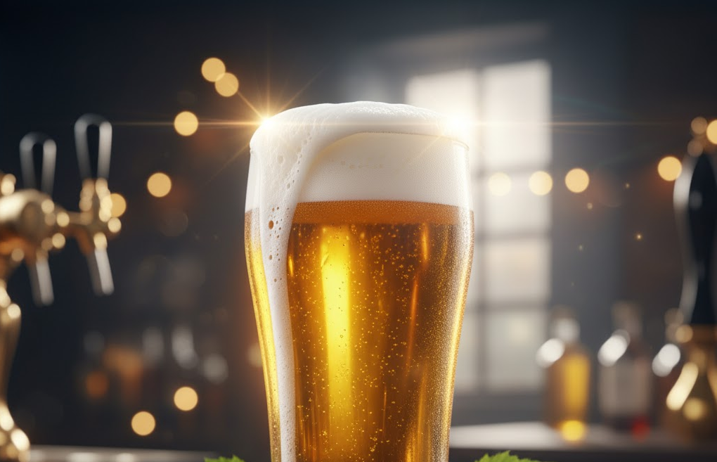 Cerveza sin alcohol dorada en barra