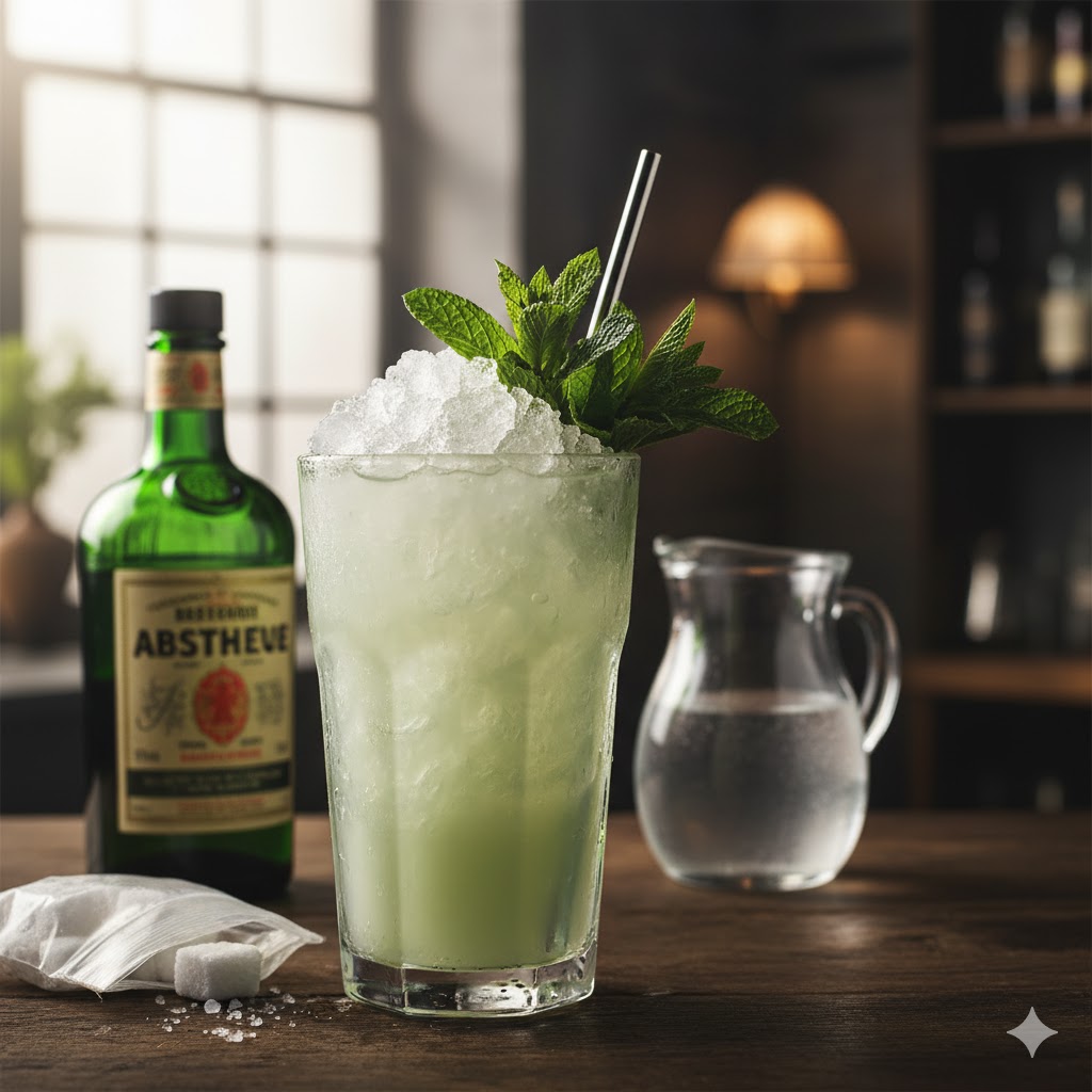 Cóctel Absinthe Frappe servido en vaso alto con menta