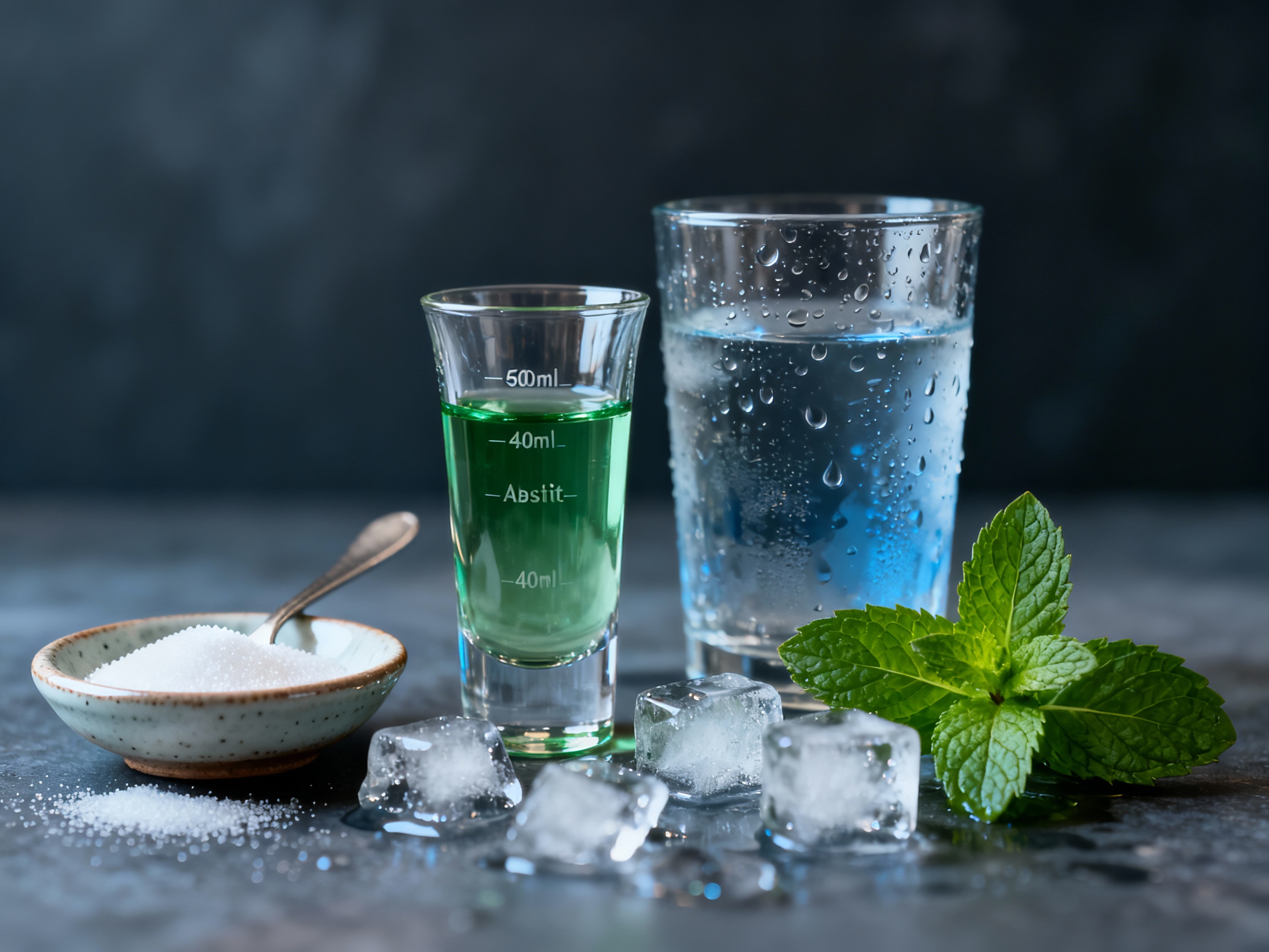 Ingredientes del Absinthe Frappe: absenta, agua, azúcar y menta