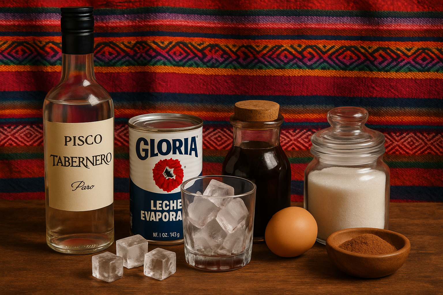 Ingredientes del Cóctel de Algarrobina: pisco, leche evaporada, jarabe de algarrobo