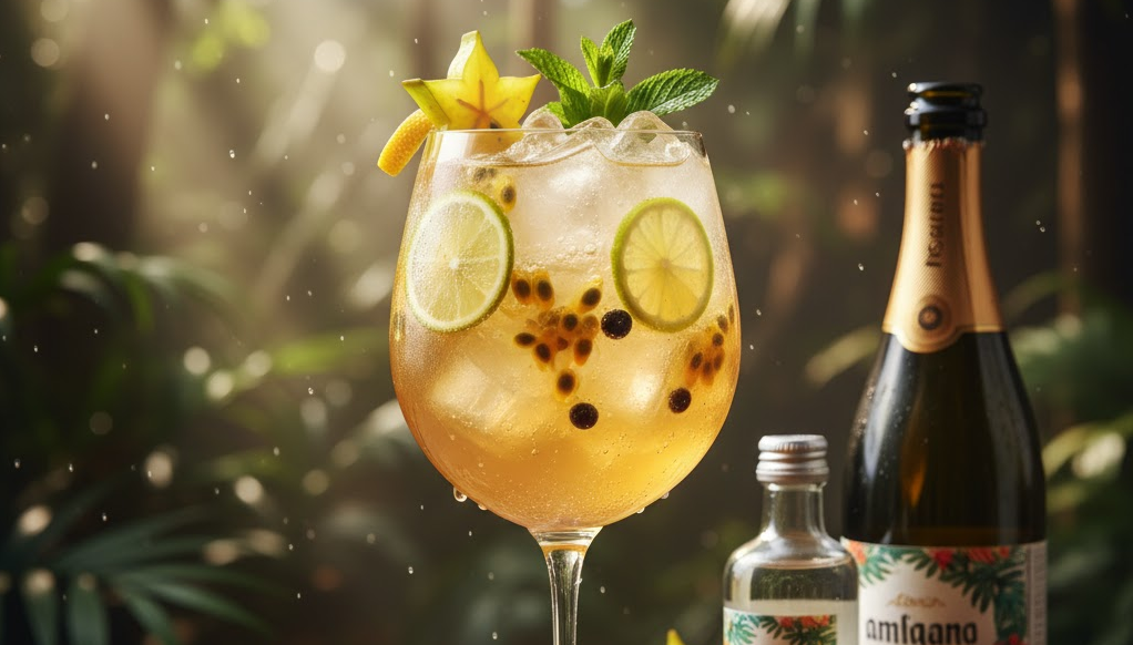 Cóctel Amazon Spritz servido en copa balón con frutas tropicales