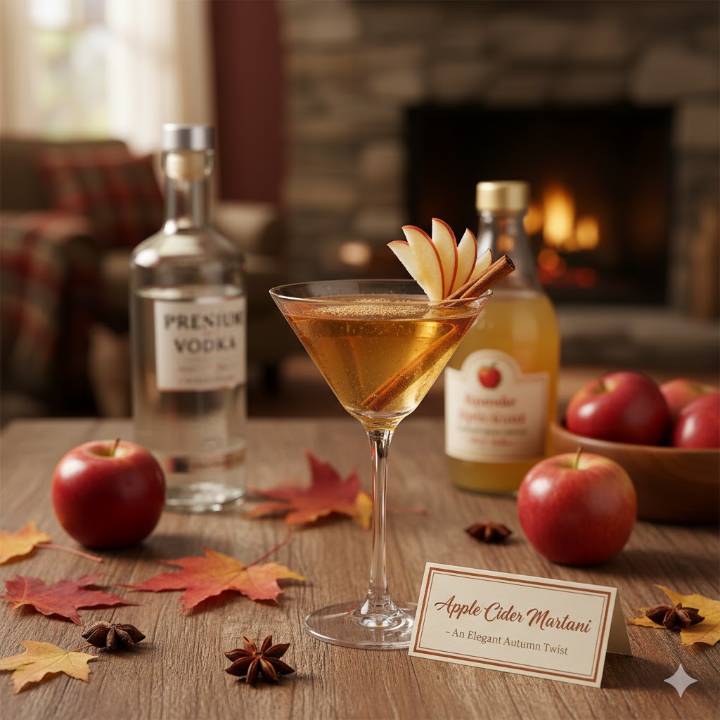 Cóctel Apple Cider Martini servido en copa de cóctel con rodaja de manzana