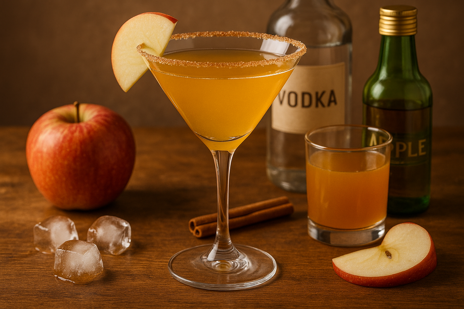 Ingredientes del Apple Cider Martini: vodka, sidra de manzana y especias