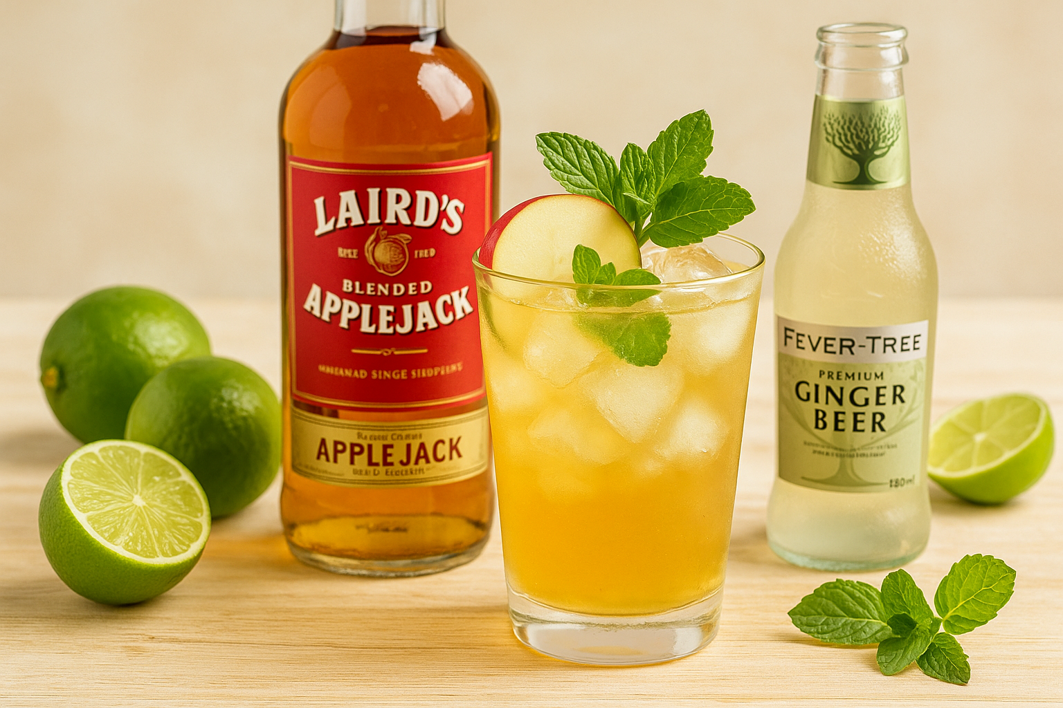 Cóctel Applejack Mule servido en vaso de cobre con hielo y rodaja de manzana