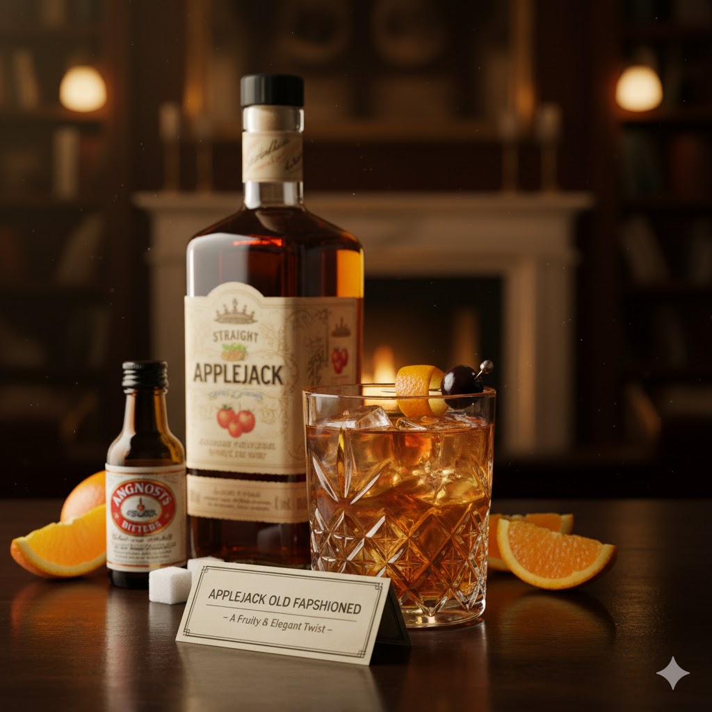 Cóctel Applejack Old Fashioned servido en vaso bajo con hielo y piel de naranja