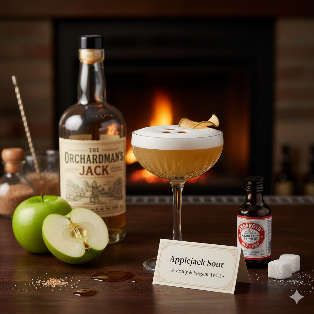 Applejack Sour en copa de cóctel con espuma y piel de limón