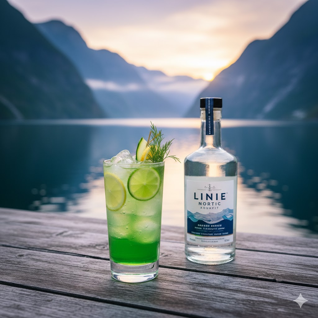 Cóctel Aquavit Fjord Breeze servido en vaso alto con pepino y soda