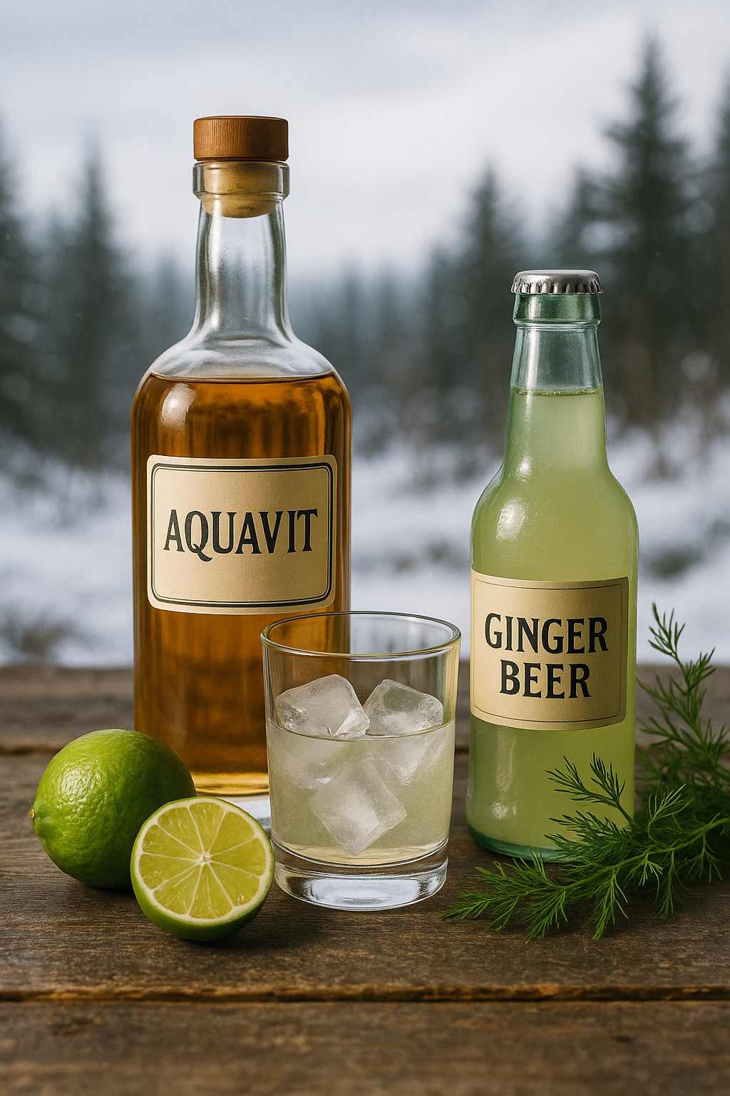 Ingredientes del Aquavit Nordic Mule: aquavit, lima y ginger beer