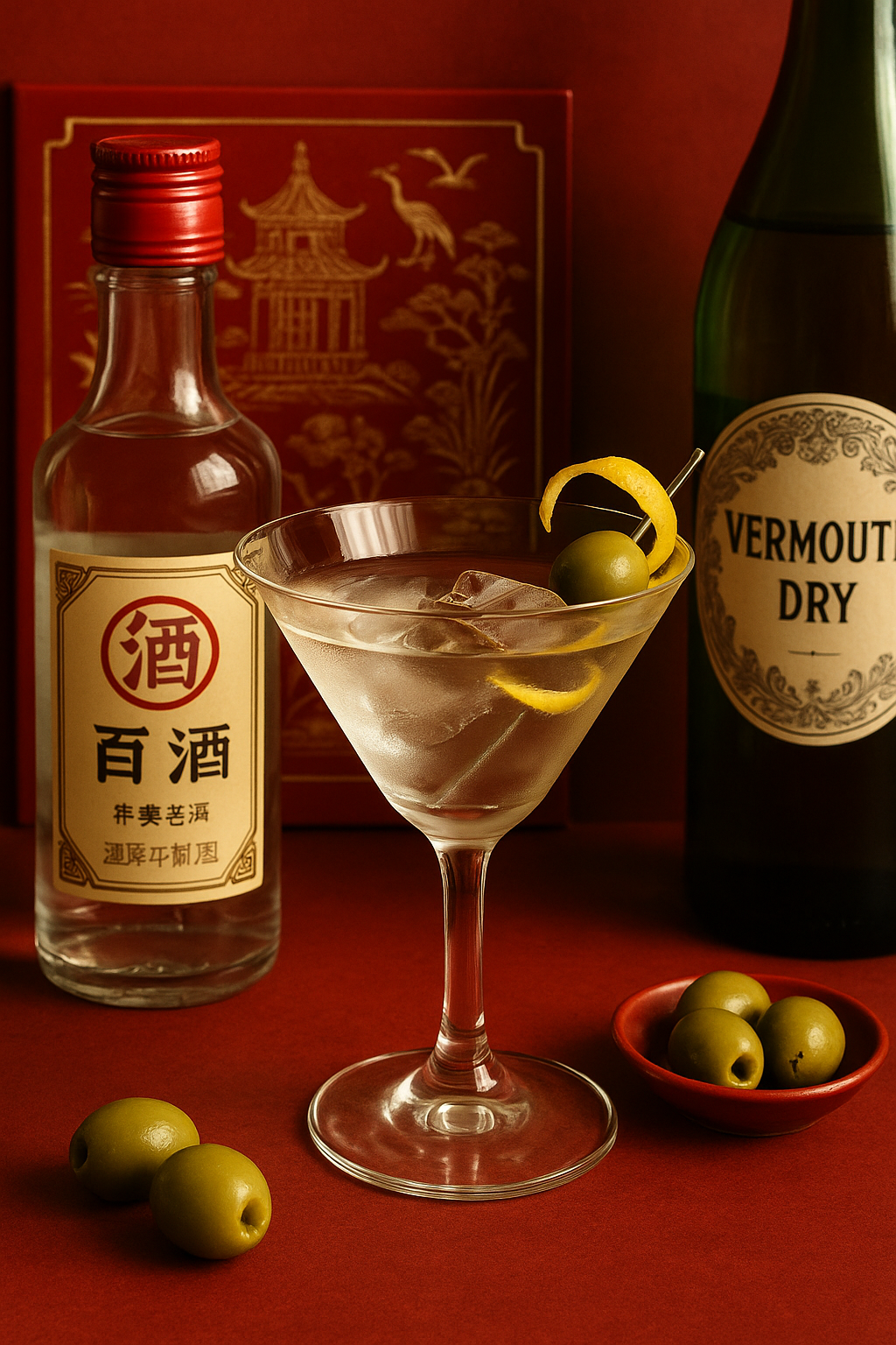 Cóctel Baijiu Martini servido en copa de cóctel