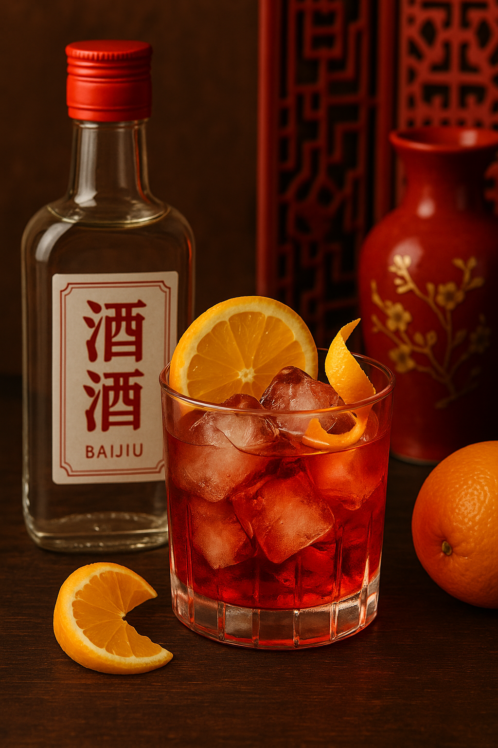 Cóctel Baijiu Negroni servido en vaso bajo con hielo y rodaja de naranja