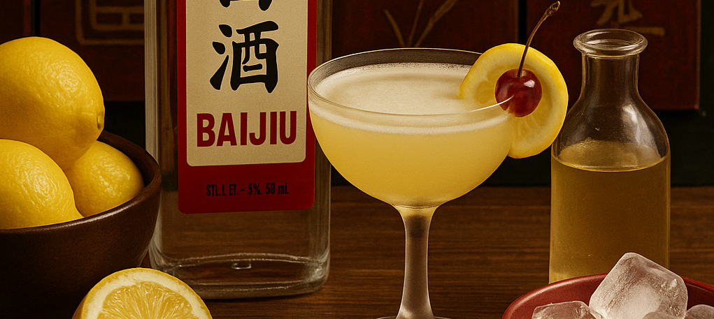 Cóctel Baijiu Sour servido en copa baja con rodaja de limón