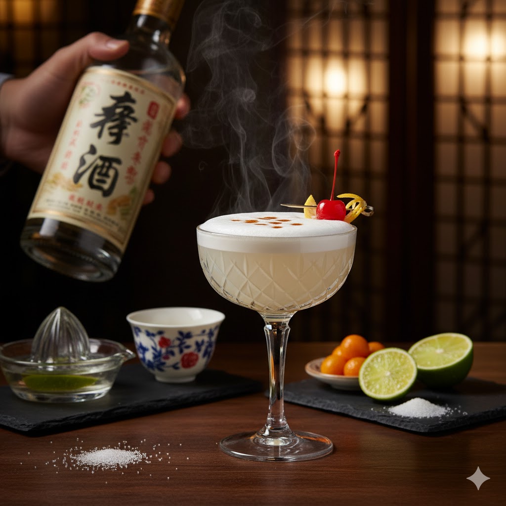 Baijiu Sour en copa con rodaja de cítrico