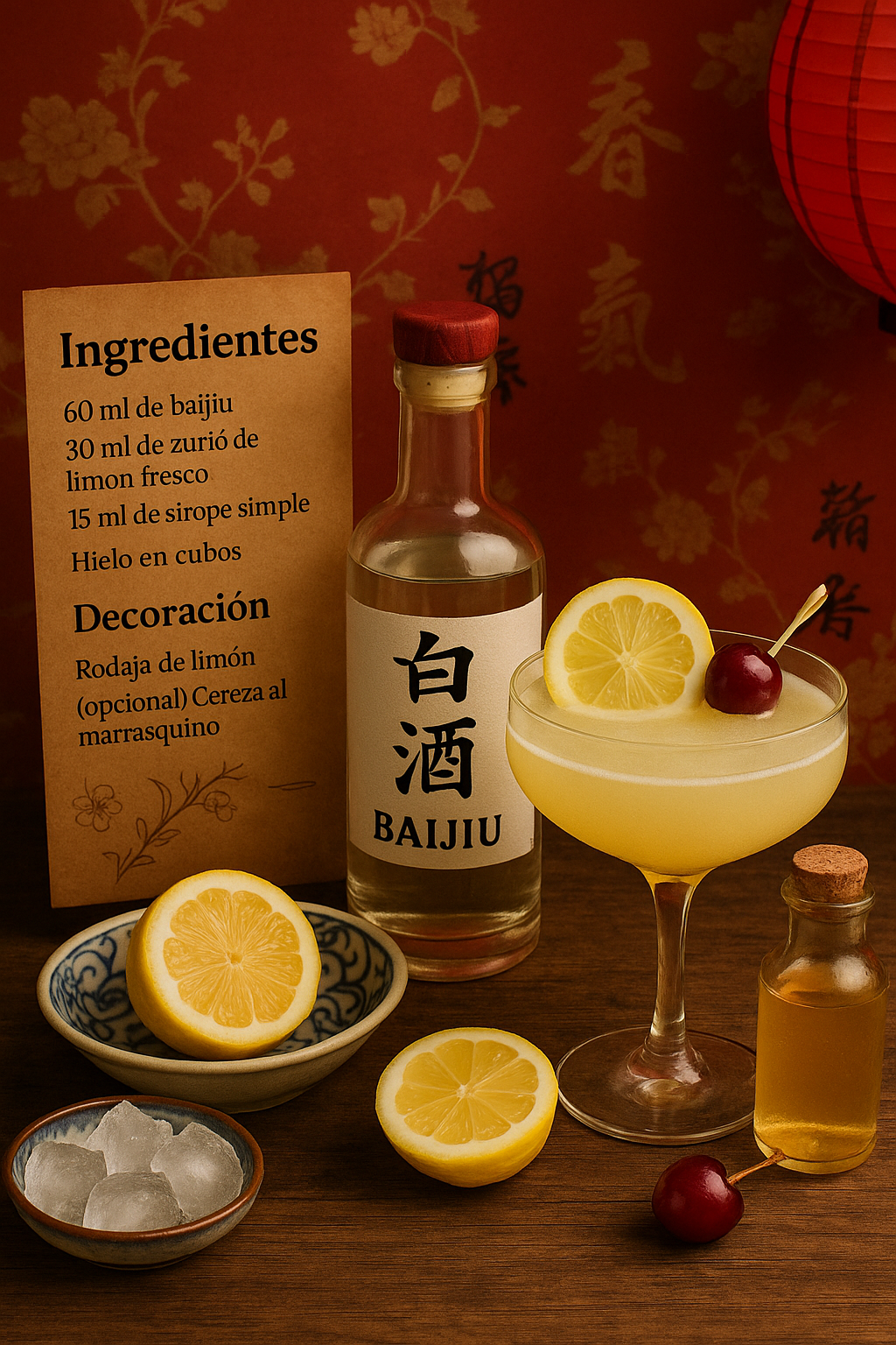 Ingredientes del Baijiu Sour: baijiu, limón y sirope simple