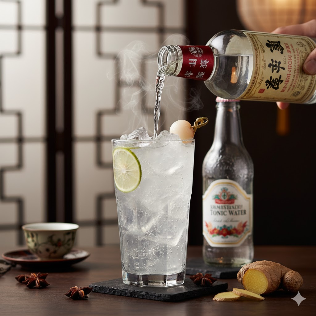 Baijiu Tonic en vaso alto con hielo y piel de cítrico