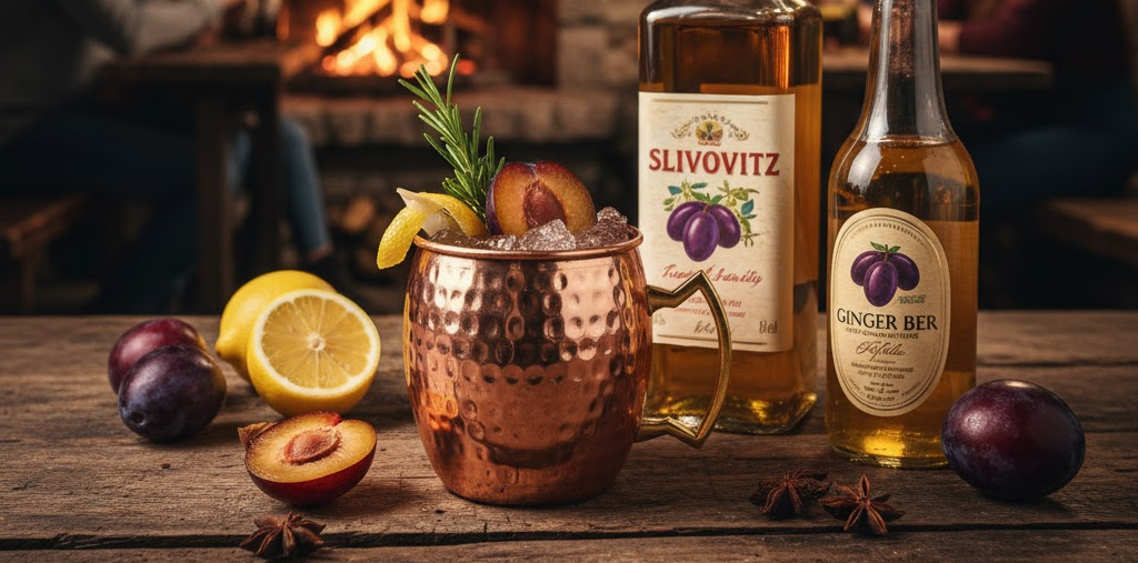 Cóctel Balkan Mule servido en vaso de cobre con ciruelas y hierbas
