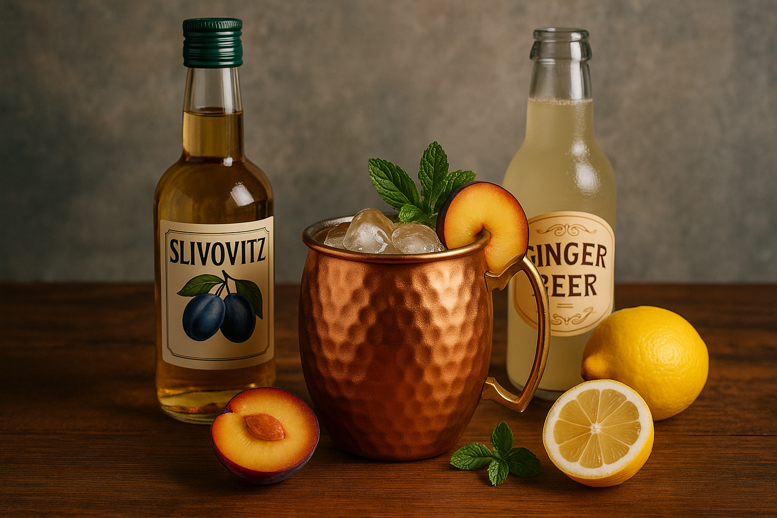 Ingredientes del Balkan Mule: slivovitz, ginger beer y limón