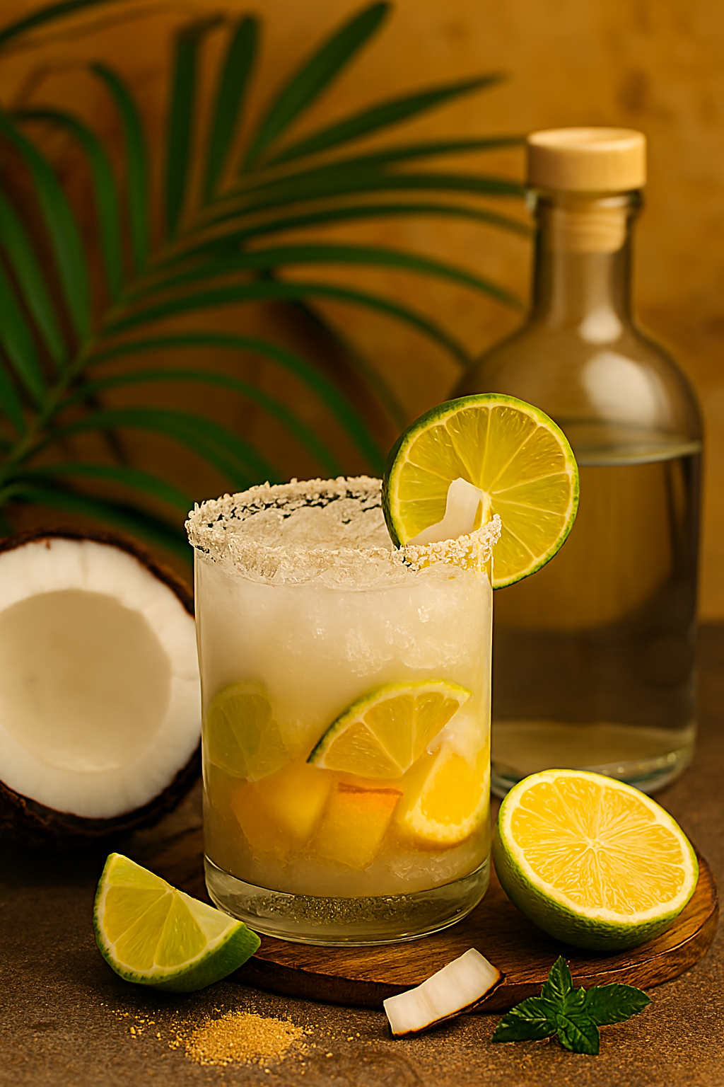 Ingredientes para batida de coco: cachaça, leche de coco, leche condensada y hielo