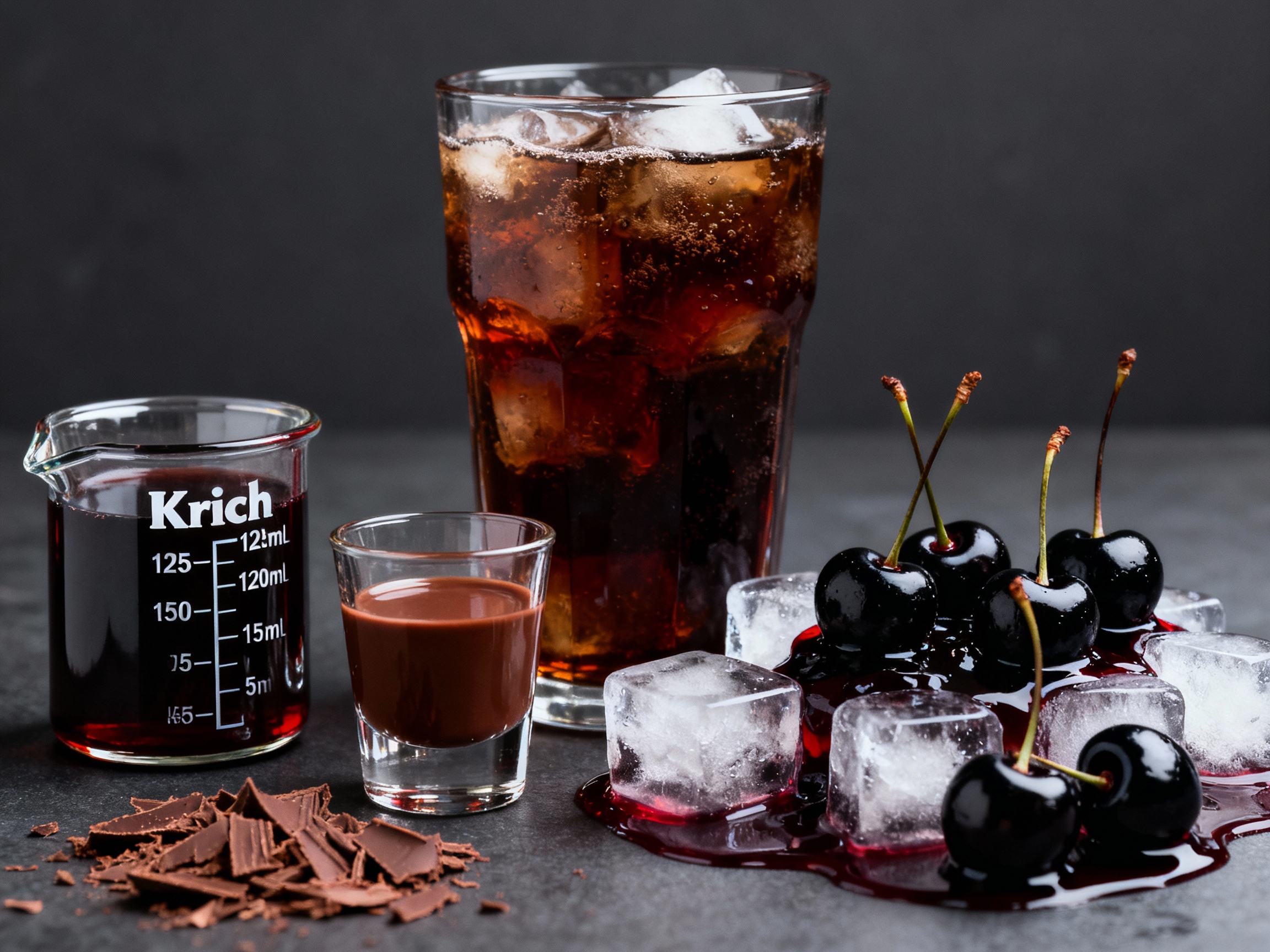 Ingredientes del Black Forest Highball: kirsch, cola y chocolate