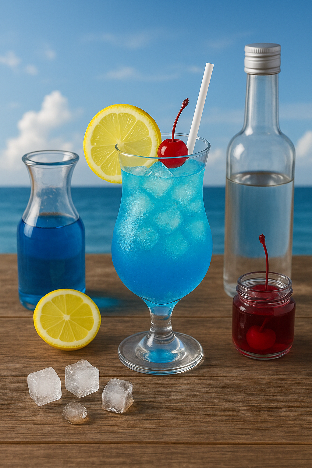 Ingredientes del Blue Lagoon: vodka, curaçao azul, limonada y hielo