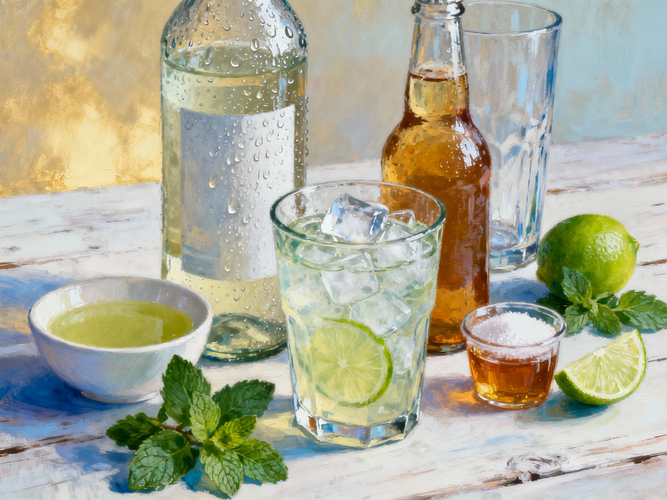 Ingredientes del Cachaça Mule: cachaça, ginger beer, lima y hierbabuena