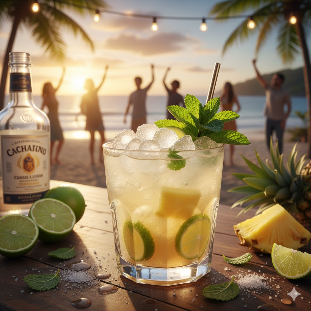 Cóctel Cachaça Smash Tropical servido en vaso bajo con piña y hierbabuena