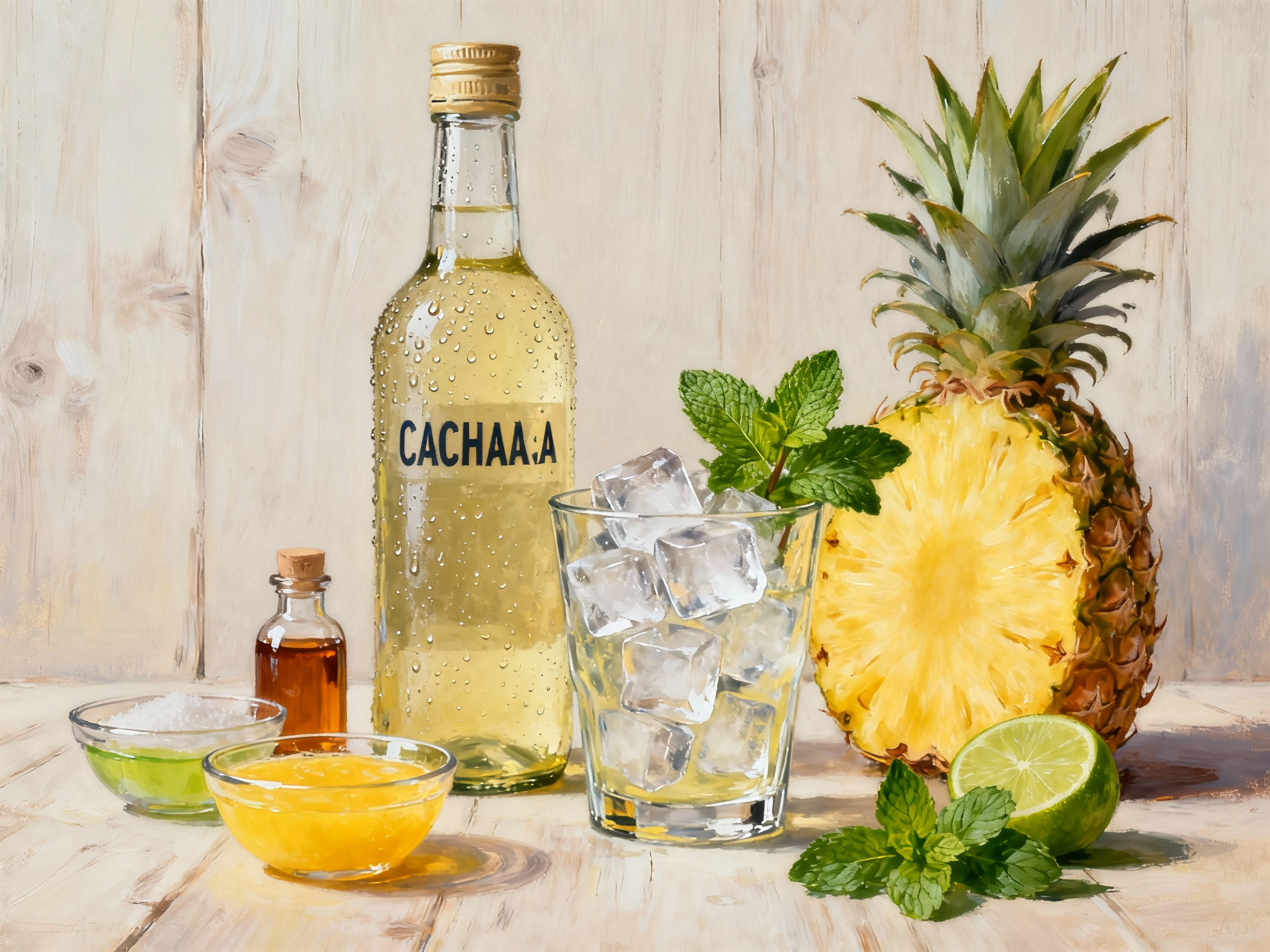 Ingredientes del Cachaça Smash Tropical: cachaça, piña, lima, hierbabuena y sirope