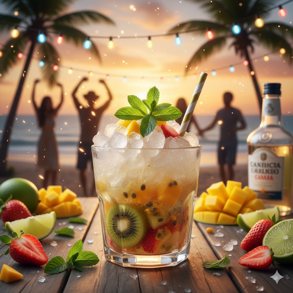 Cóctel Caipirinha de Frutas servido en vaso bajo con frutas tropicales