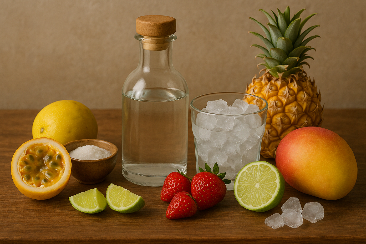 Ingredientes de la Caipirinha de Frutas: cachaça, lima, azúcar y frutas tropicales