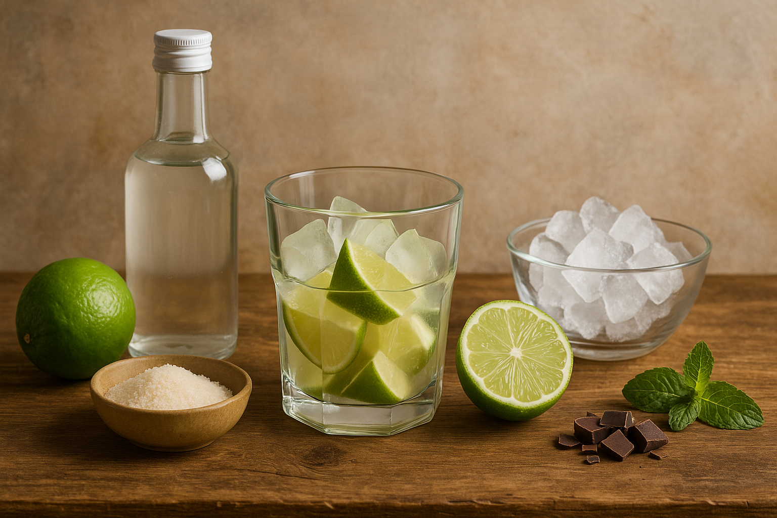 Ingredientes de la Caipiríssima: ron blanco, lima y azúcar