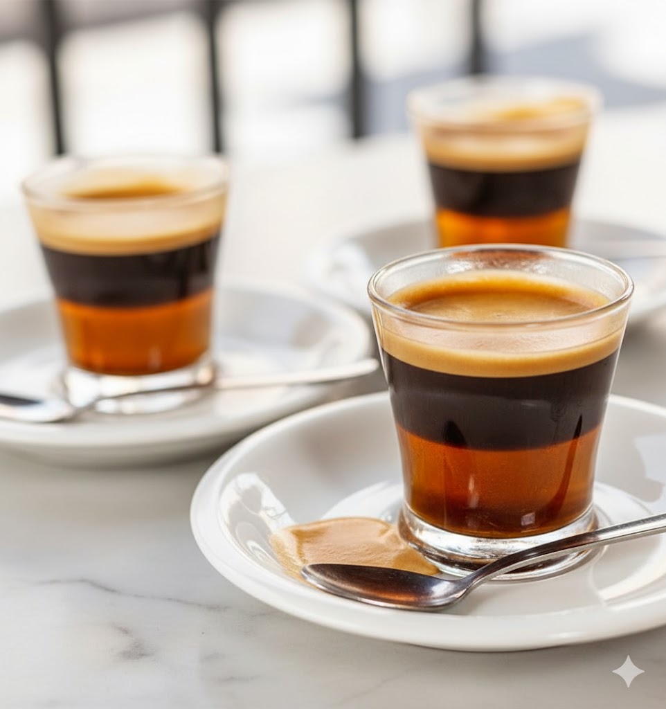 Carajillo clásico servido en vaso pequeño con espuma de café