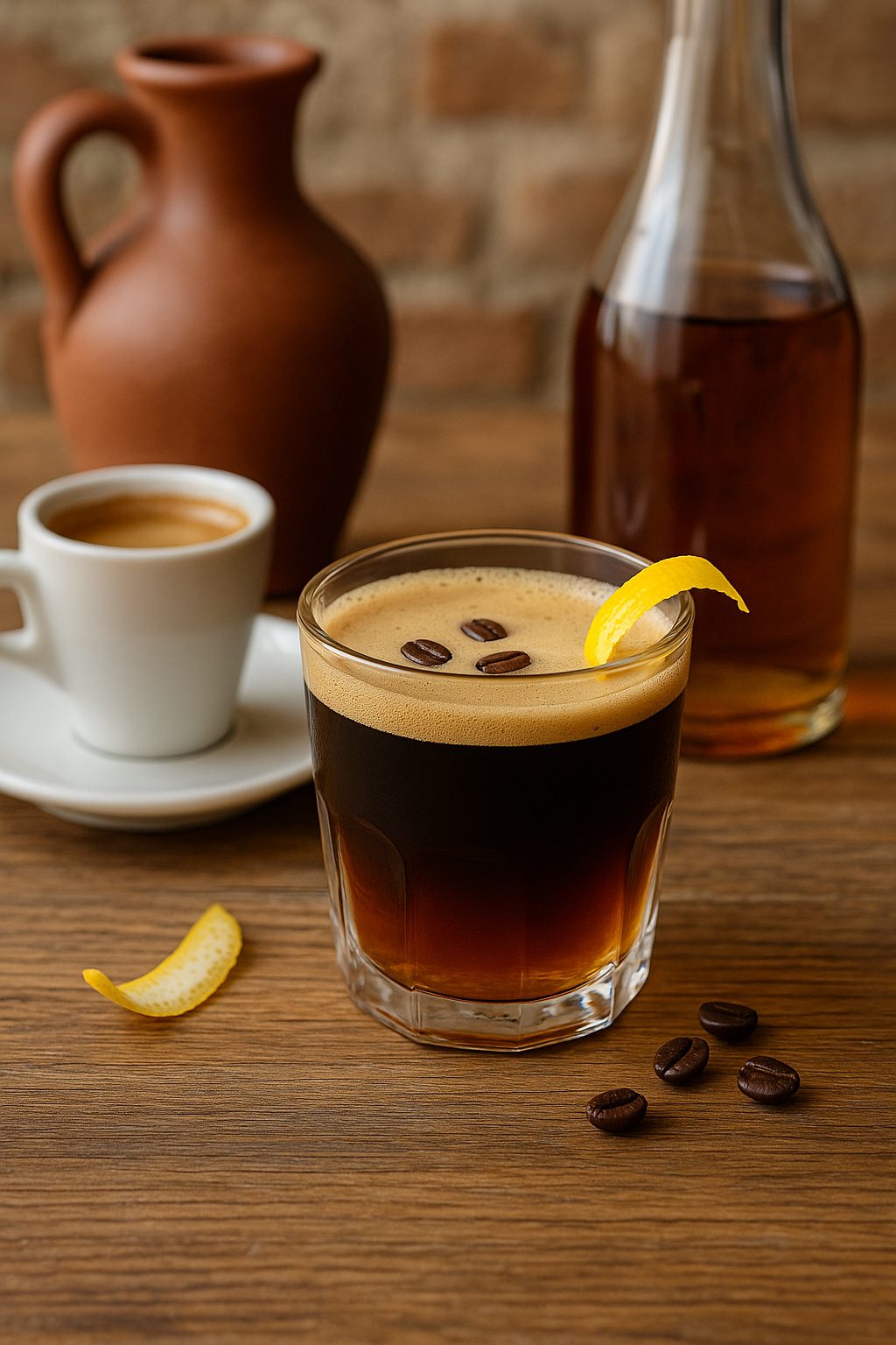 Ingredientes del carajillo: café espresso, brandy y piel de limón