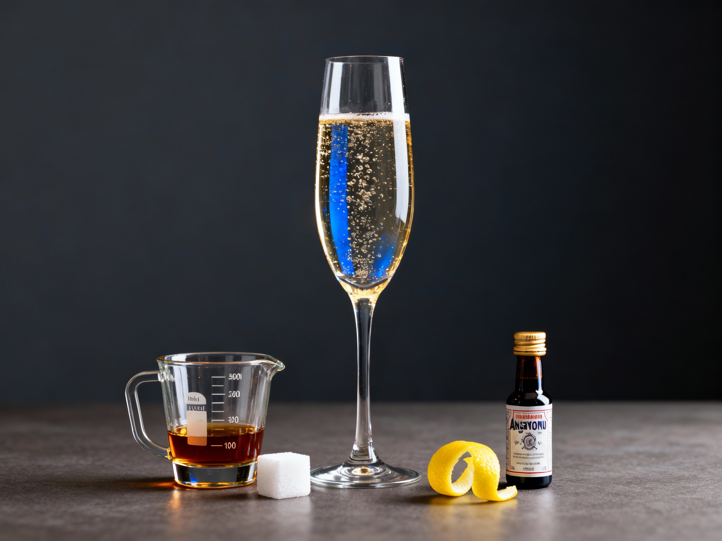 Ingredientes del Champagne Cocktail: champán, brandy, azúcar y bitter