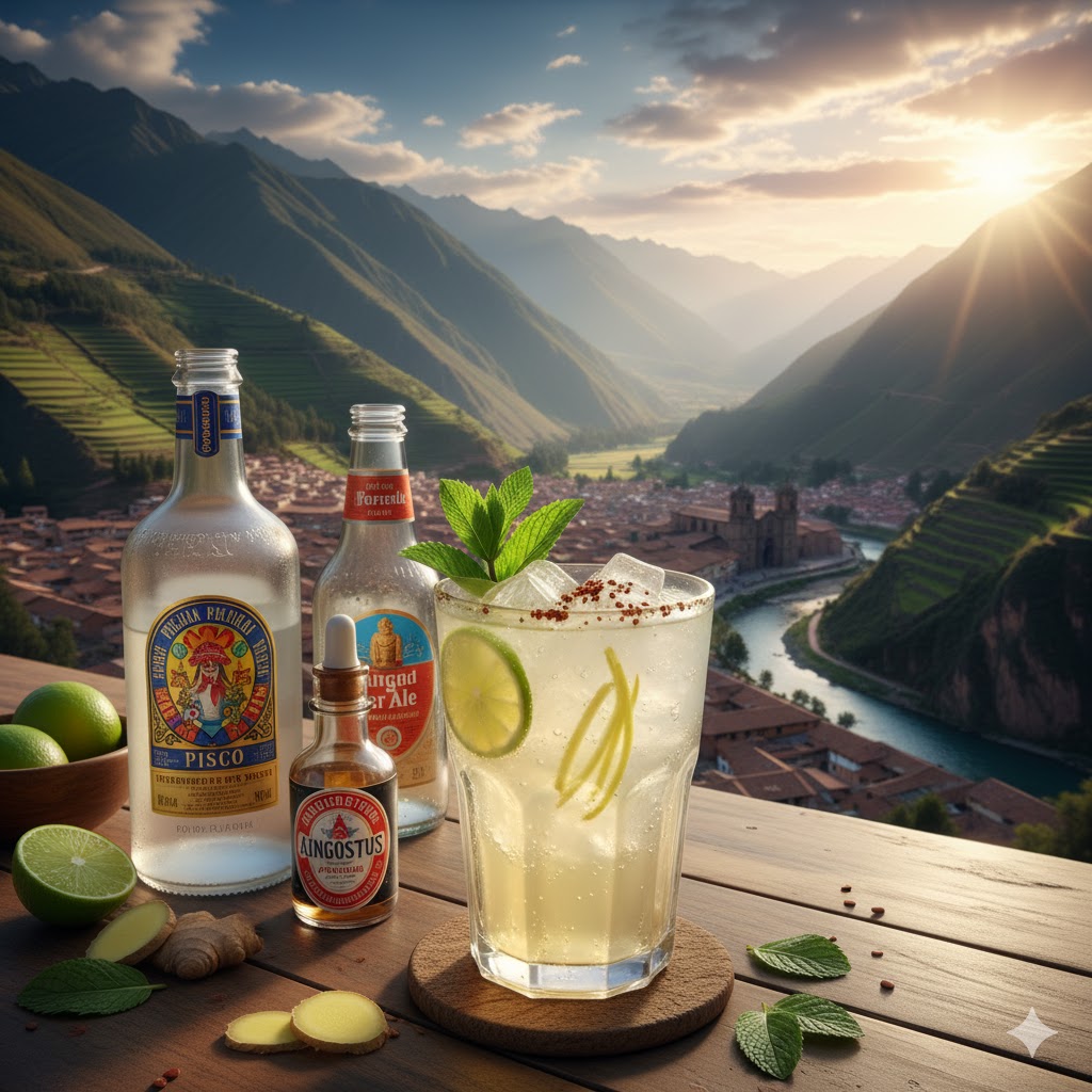 Cóctel Chilcano de Pisco servido en vaso alto con rodaja de limón