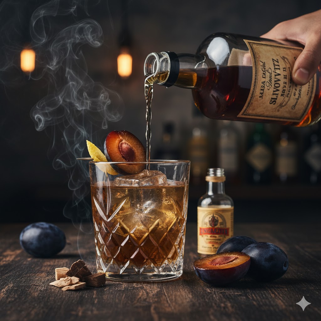 Ciruela Ahumada Old Fashioned servido en vaso bajo con ciruela y piel de naranja