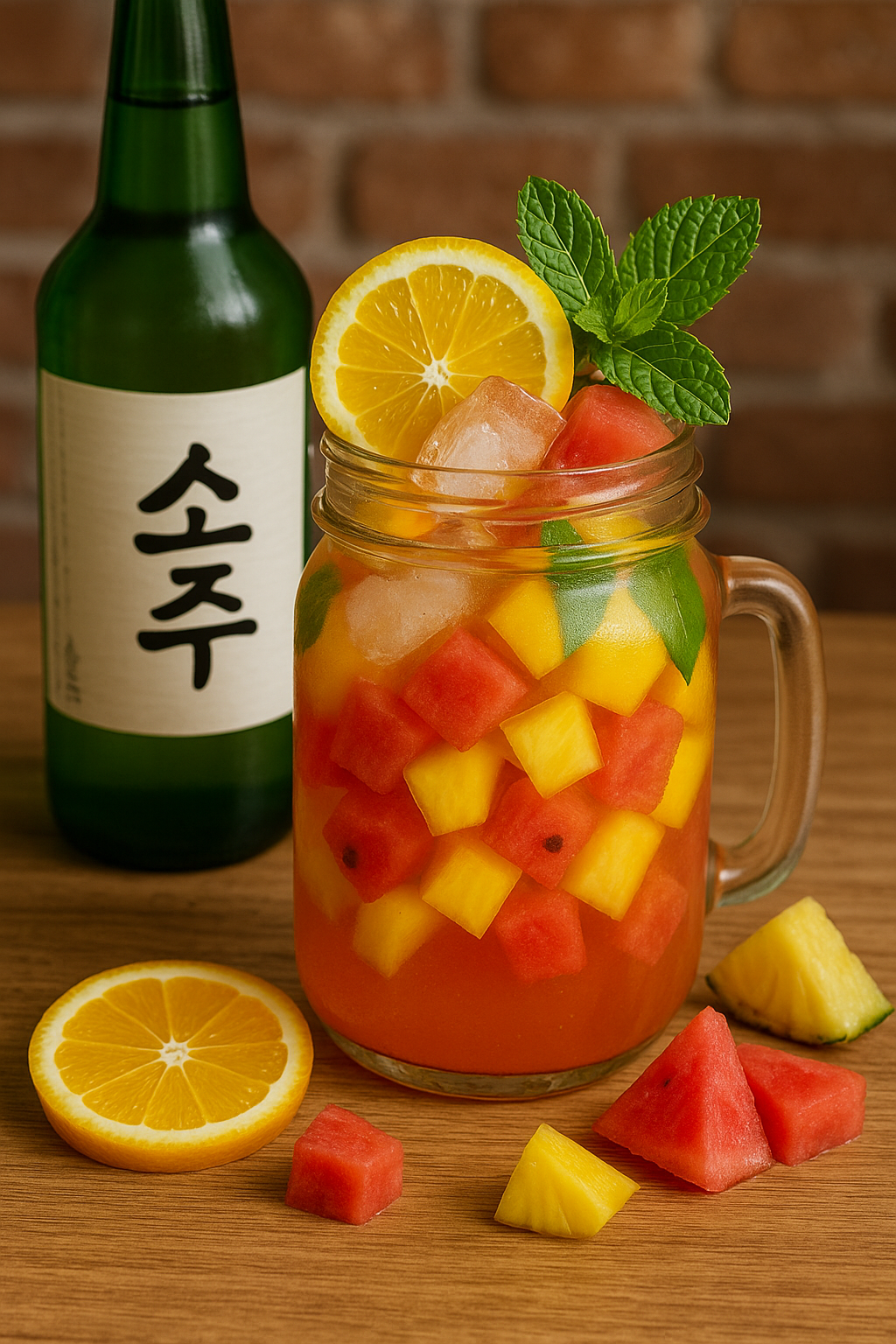 Cócteles frutales con soju servidos en vasos coloridos