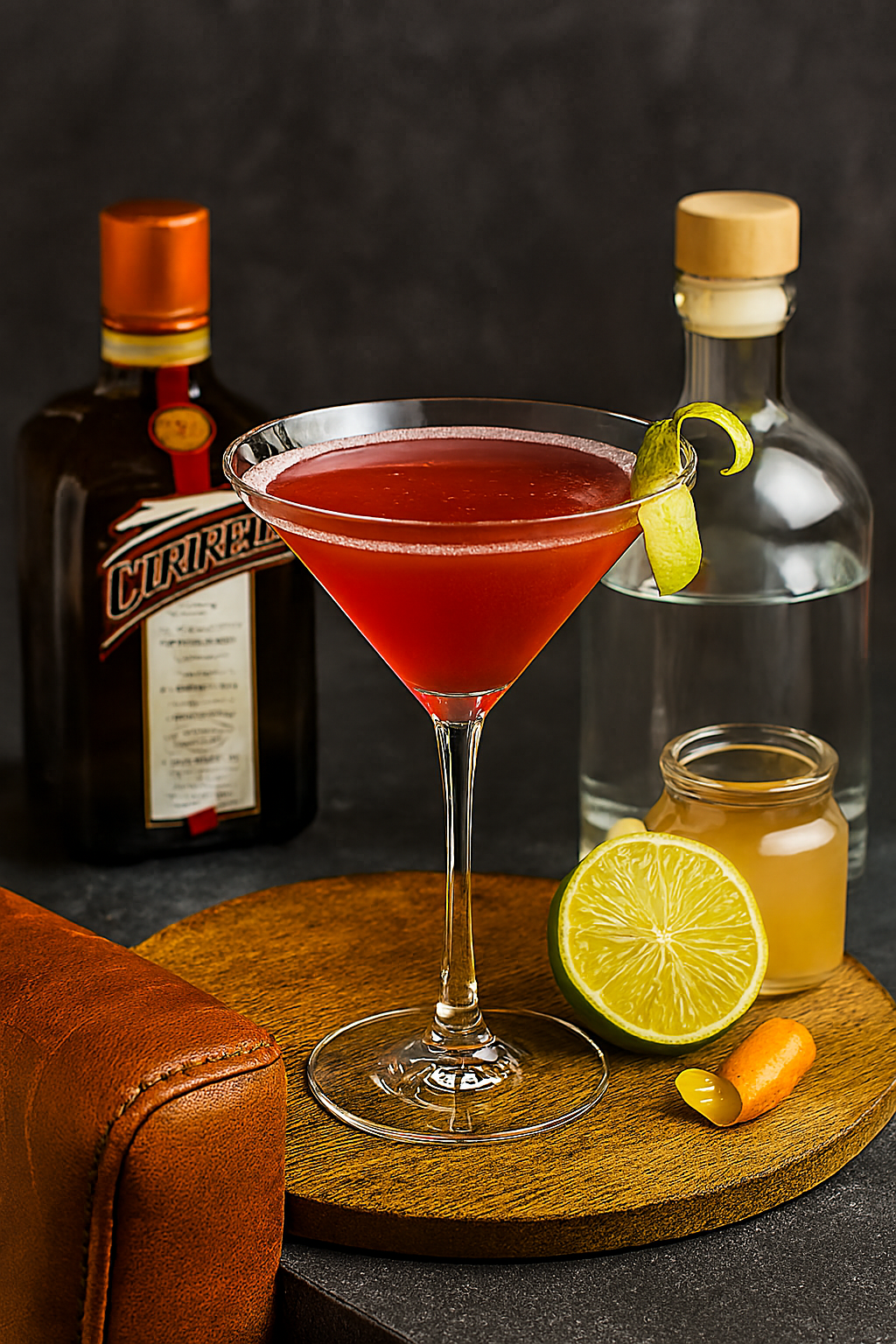 Ingredientes del Cosmopolitan: vodka, licor de naranja, lima y arándano