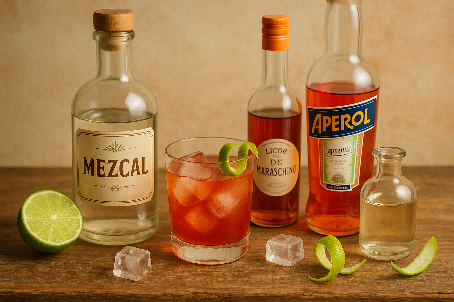 Ingredientes del Division Bell: mezcal, Aperol, maraschino y lima