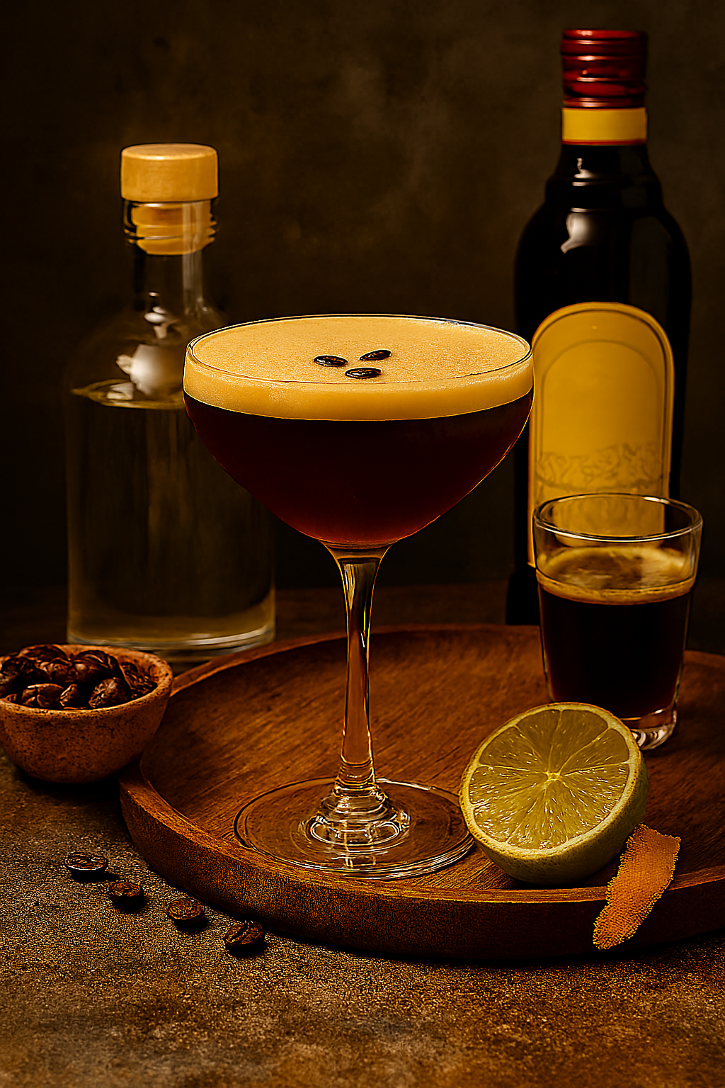 Ingredientes del Espresso Martini: vodka, licor de café y espresso
