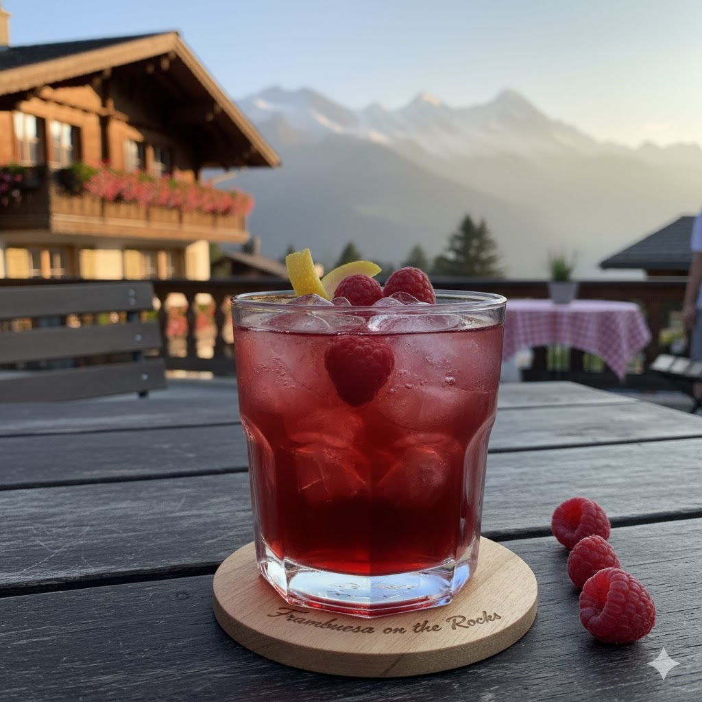 Frambuesa on the Rocks servido en vaso bajo con frambuesas frescas