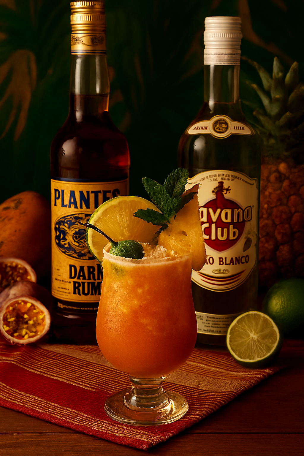 Ingredientes del Frozen Mai Tai: rones, jugos y siropes tropicales