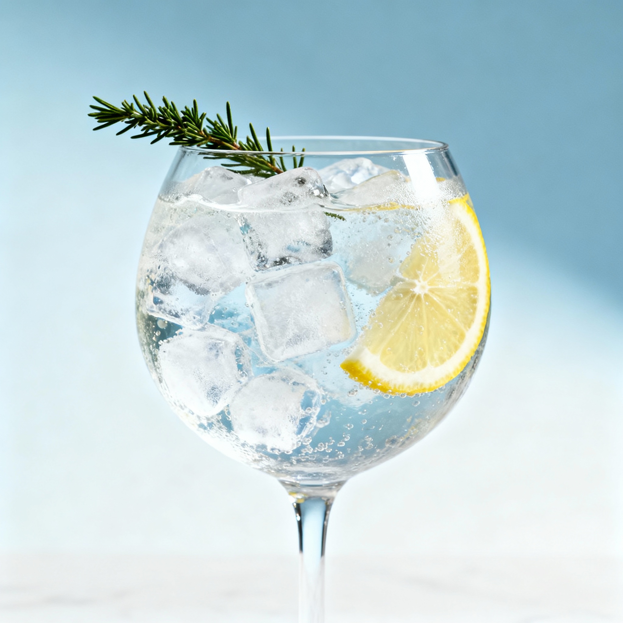 Gin Tonic clásico en copa balón con hielo y twist de limón