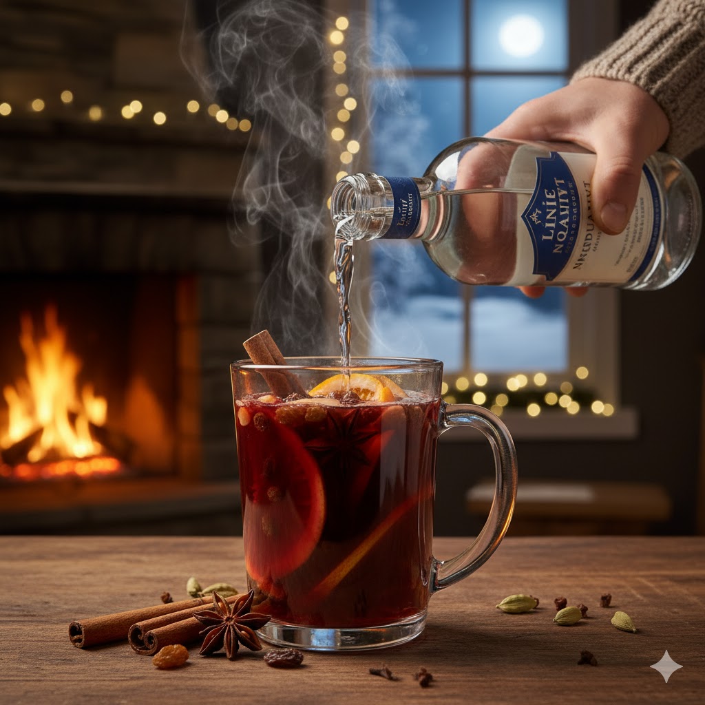 Glögg Aquavit servido caliente con especias y rodaja de naranja