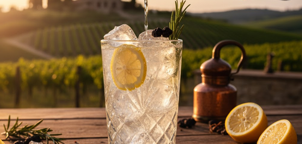 Cóctel Grappa Tónica servido en vaso alto con hielo y cítricos