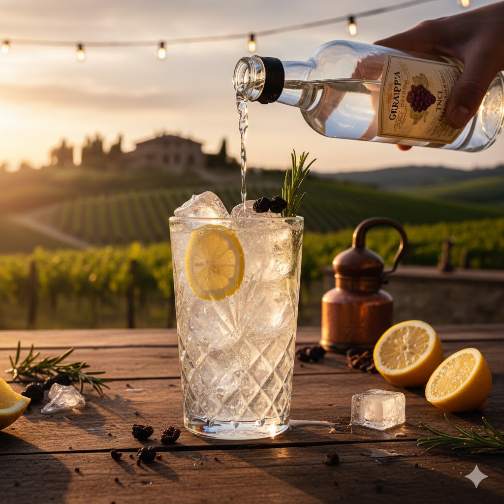 Grappa Tónica en vaso alto con hielo y cítrico