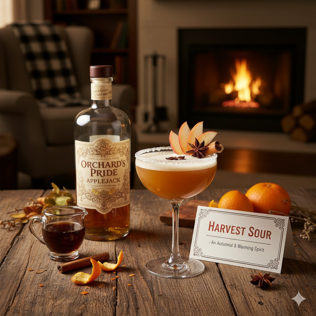 Cóctel Harvest Sour servido en copa baja con rodaja de manzana y canela