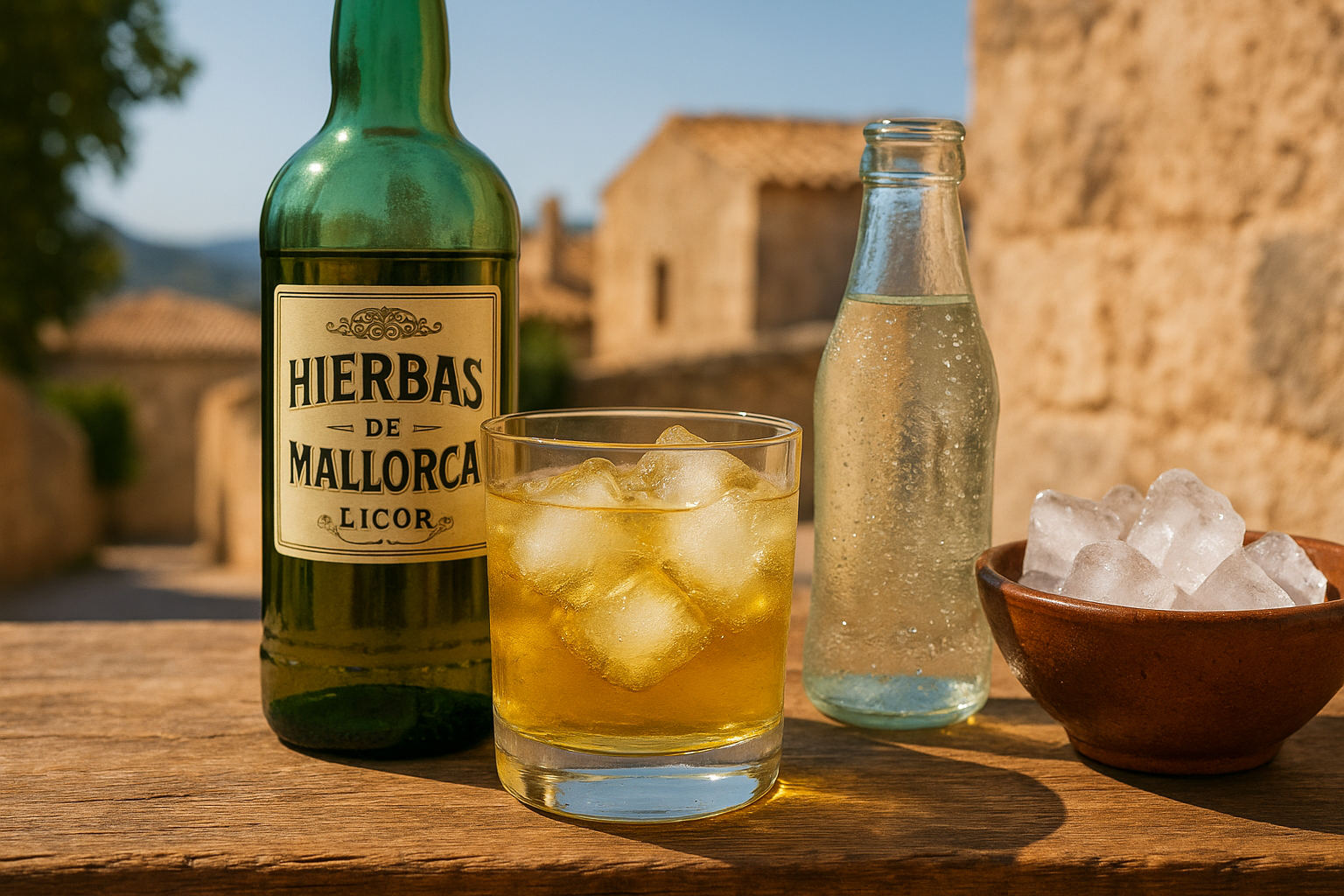 Ingredientes del Hierbas Mallorca Soda: licor de hierbas, soda, hielo y limón