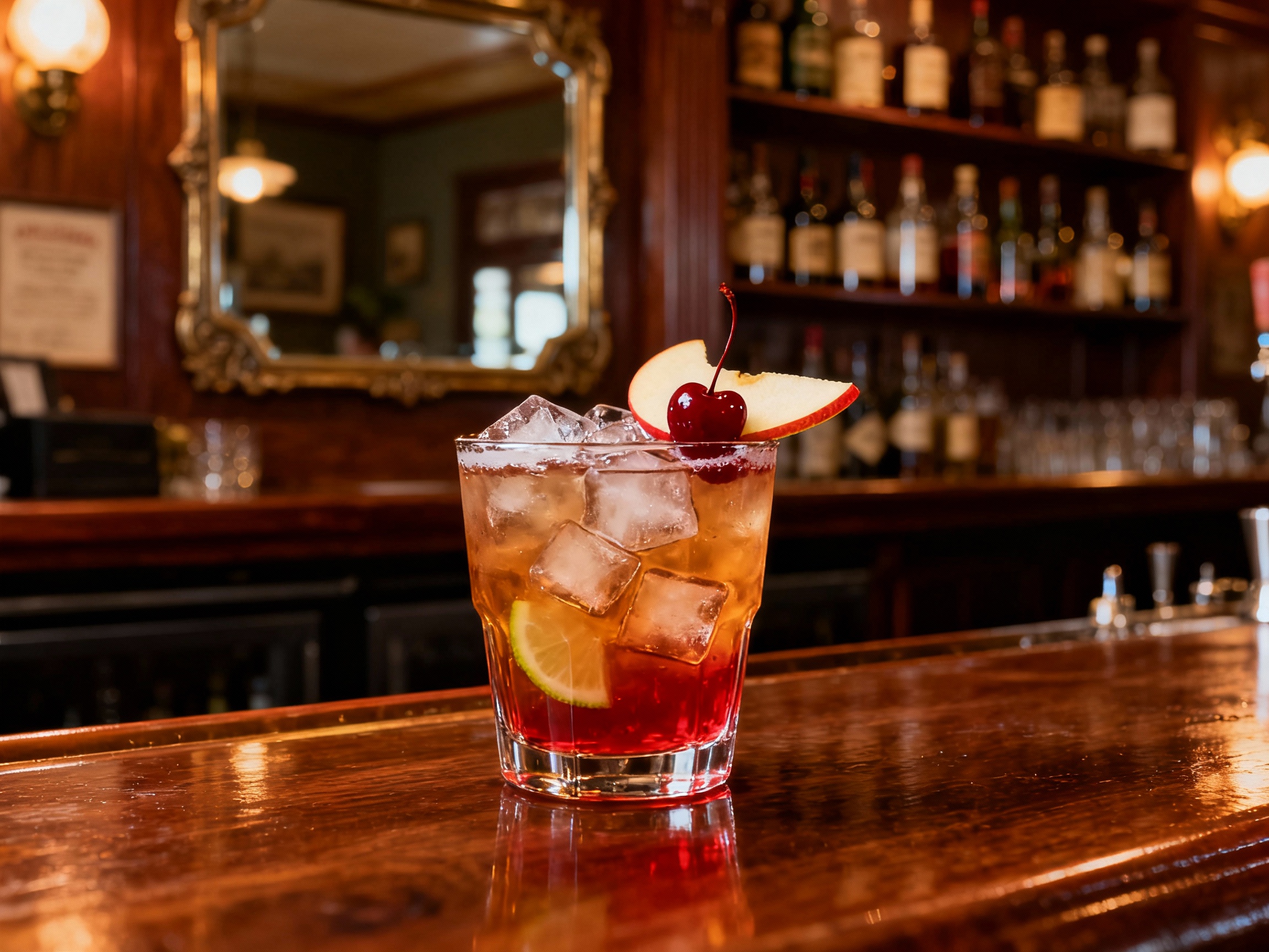 Cóctel Jack Rose servido en copa de cóctel con decoración de manzana