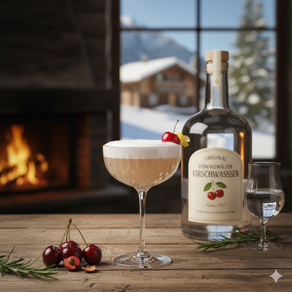 Botella y copa de Kirsch, aguardiente de cereza