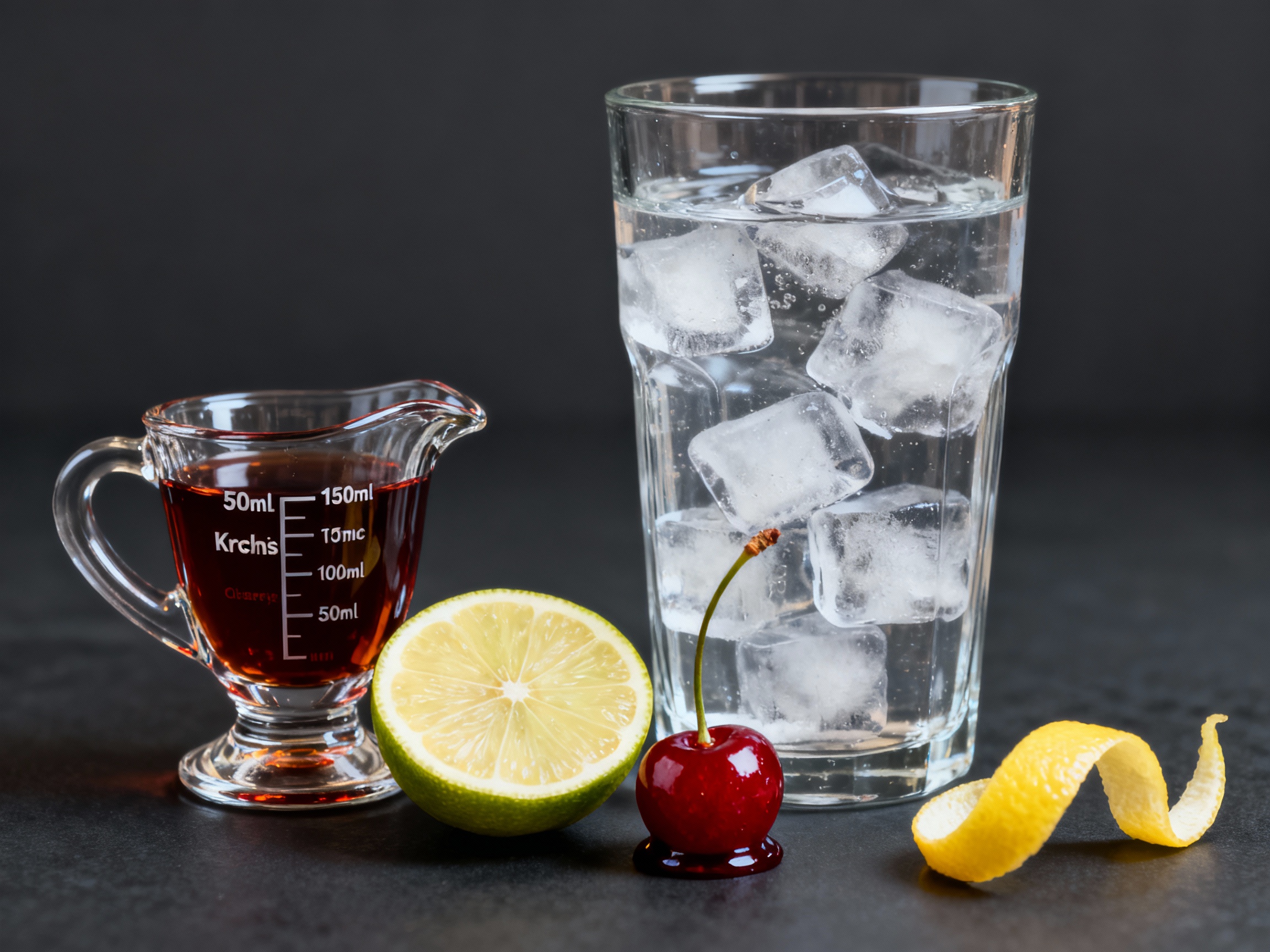 Ingredientes del Kirsch Tonic: kirsch, tónica, limón y cereza