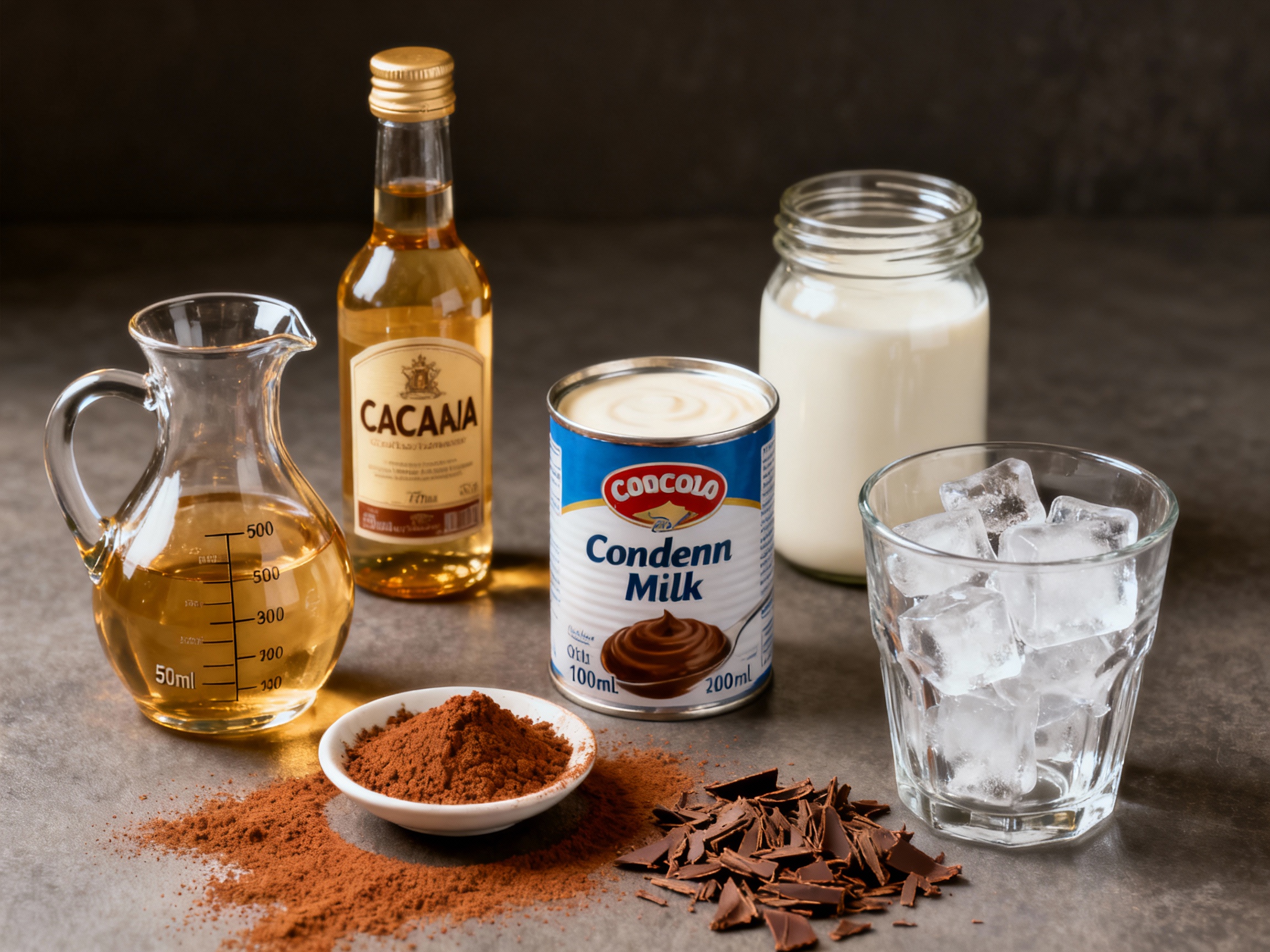 Ingredientes del Leite de Onça: cachaça, leche condensada y cacao